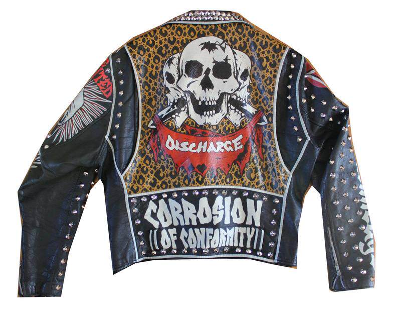 美国代购punk手作复古朋克豹纹手绘银色铆钉皮衣