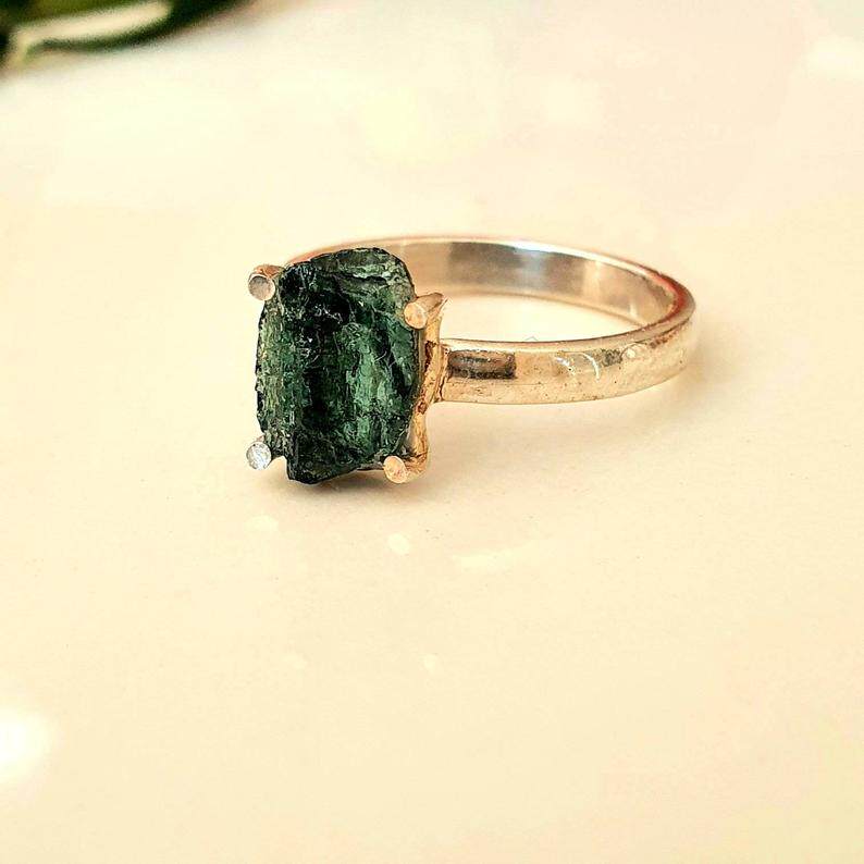 澳大利亚代购raw手作简约绿色天然原始电气石纯银戒指手链定制