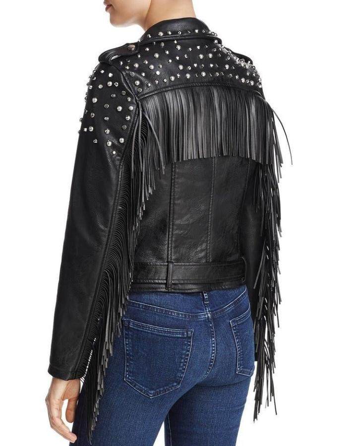 海外代购studded手作嬉皮朋克银色铆钉流苏牛皮皮衣