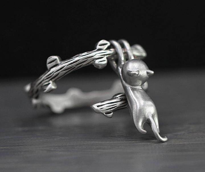 德国代购climbing手作可爱爱小猫咪攀爬树枝猫环戒指