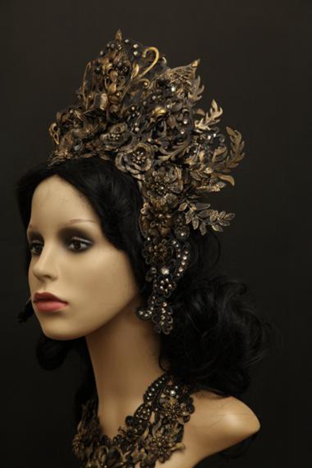 德国代购crown手作哥特复古黑色水钻新娘头饰