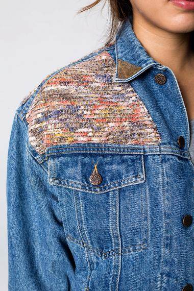 denim美国代购古着老式拼接蓝色牛仔金属扣胸短外套