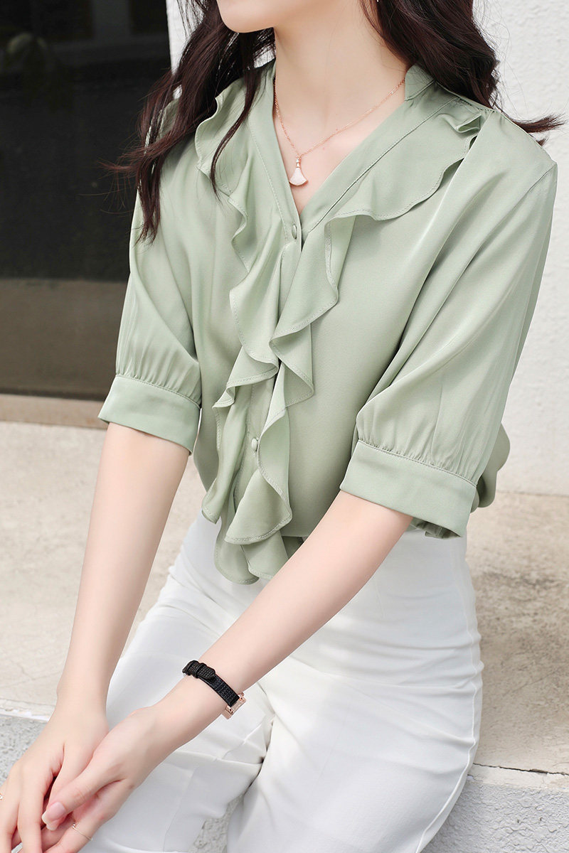 alicegent2021欧货重磅真丝衬衫女v领荷叶