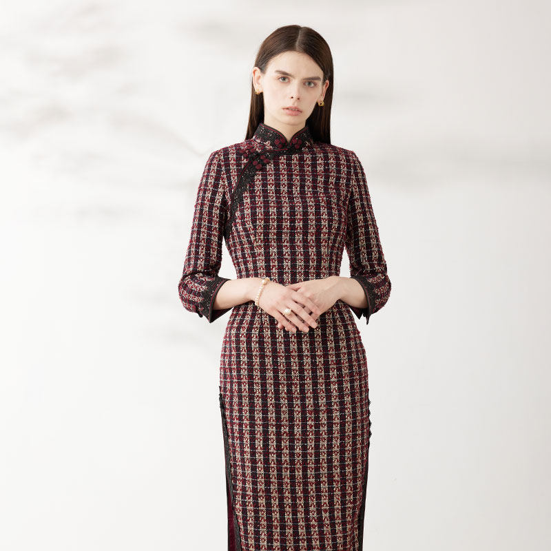 复古品尚华服优雅条纹加厚羊毛显瘦日常简约旗袍