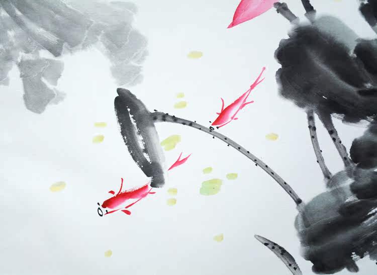 纯手绘荷花连年有余国画斗方水墨写意花鸟画餐厅玄关走廊鱼小品画_双