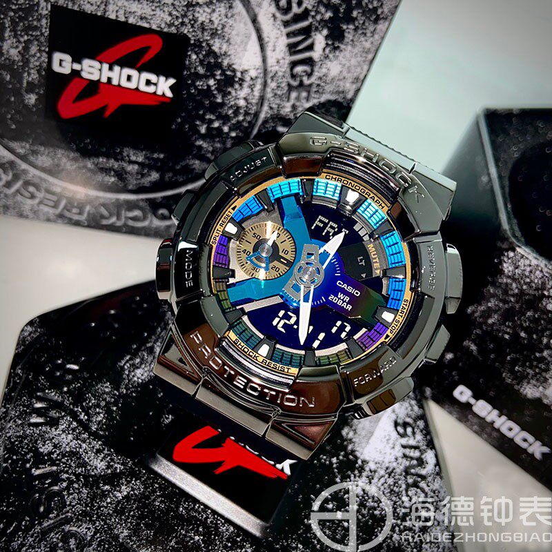 卡西欧gshock小钢炮金属黑霓虹彩虹电子防水手表gm110b1a日韩腕表