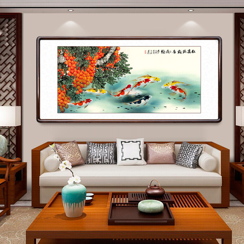 九鱼聚财九条鱼装饰字画荷花壁画中式客厅挂画国画