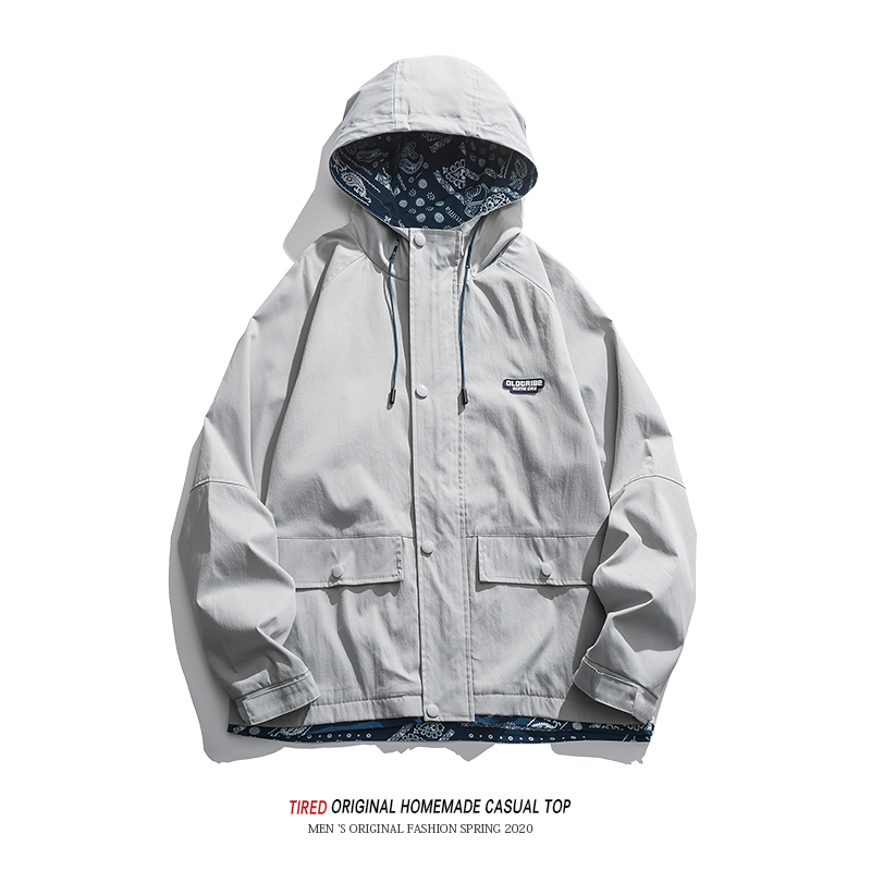 春秋季美式腰果花连帽夹克男oversize工装外套情侣款潮牌休闲上衣