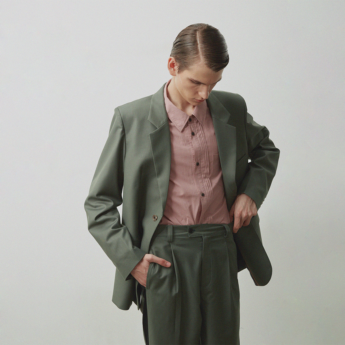 astaroth复古灰绿宽肩西装男女女同宽松廓形ins西服