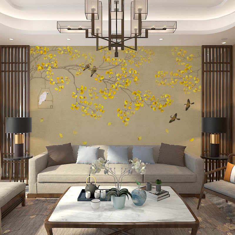 古风中式花鸟壁画电视背景墙壁纸银杏叶客厅沙发墙纸卧室无缝墙布
