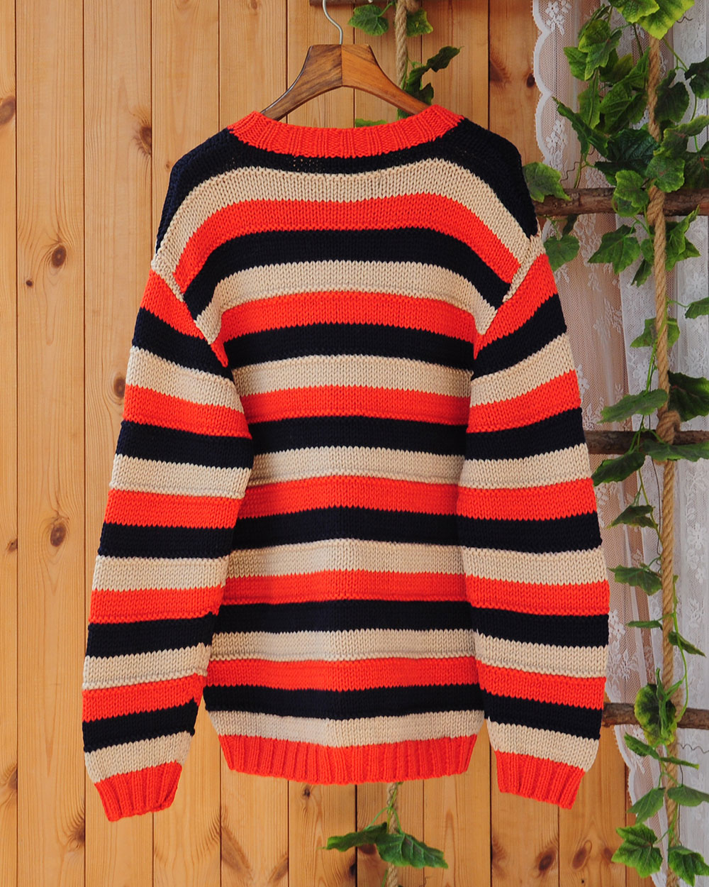 手工编织撞色条纹100纯羊羊毛加厚慵懒风宽毛衣