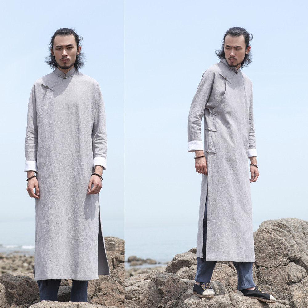 2022春秋男装新款宽松苎麻长衫中式盘扣斜襟唐装