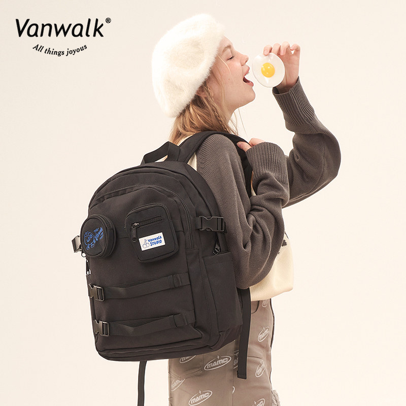 vanwalk元气早餐自制春季入学指南复古大容量书包双肩背包