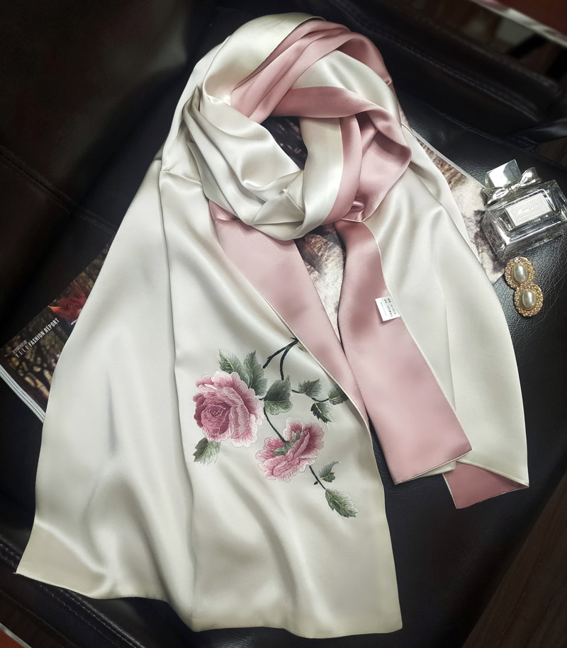 苏州手工刺绣真丝围巾白色牡丹绣花桑蚕蚕丝围巾