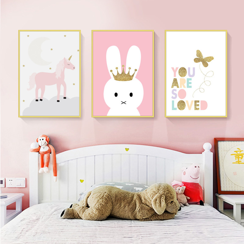 北欧欧风儿童装饰画女孩子卧室房间布置床头粉色现代装饰画
