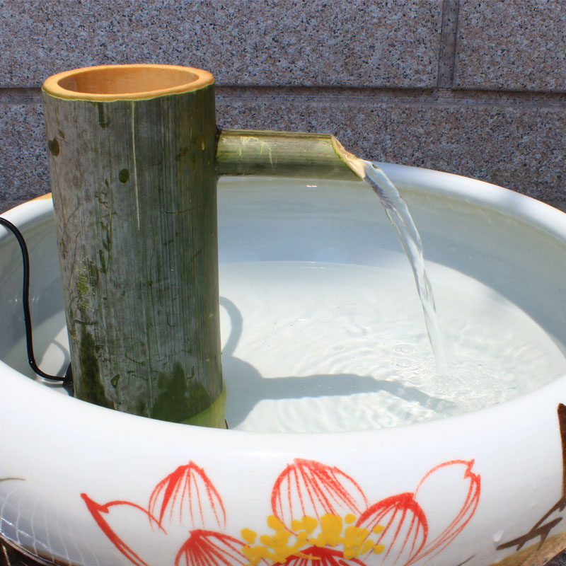 竹筒流水太阳能水泵抽水过滤石槽循环竹子摆件潜水泵