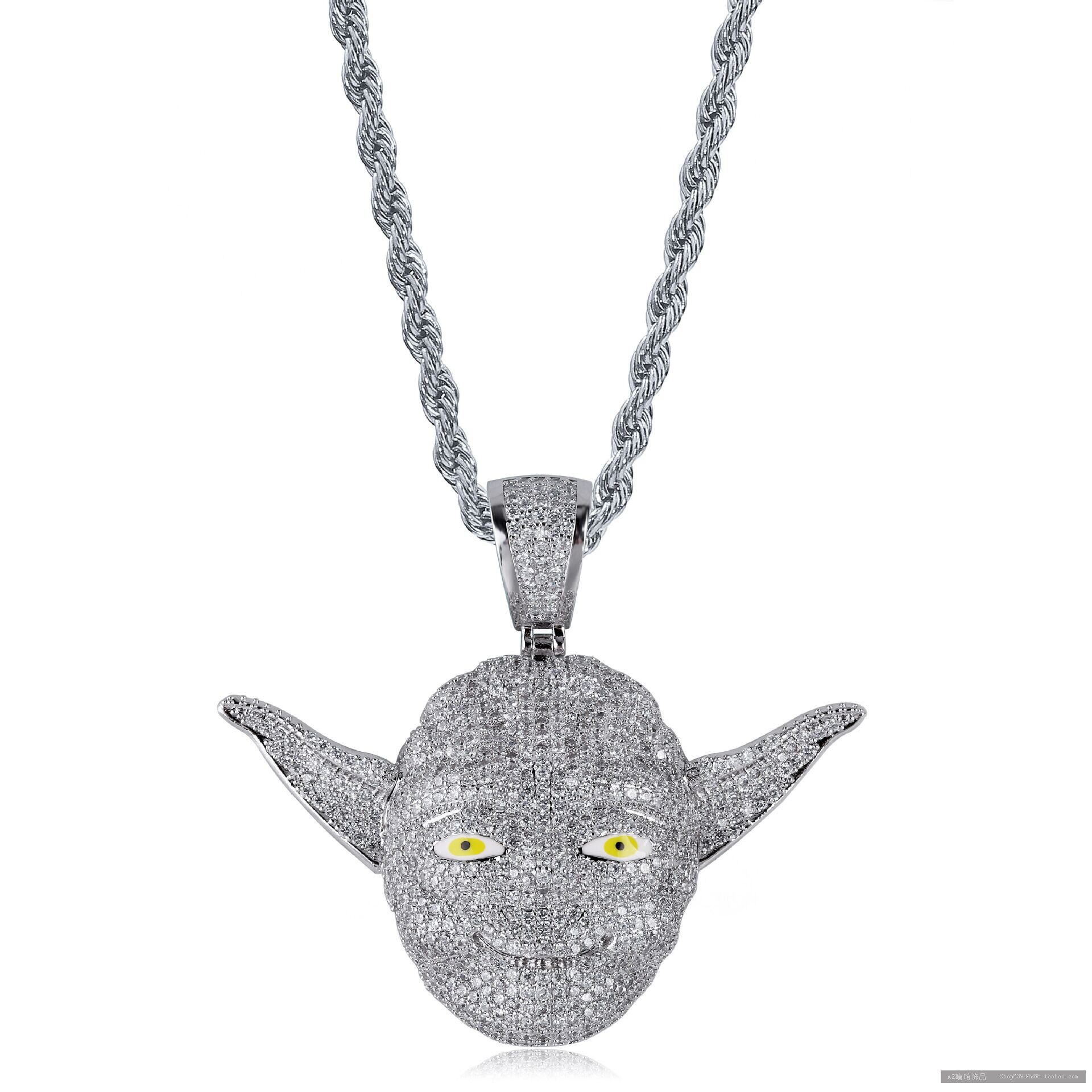 migos同款卡通人物尤达大师个性嘻哈吊坠微镶满锆石潮牌男士项链