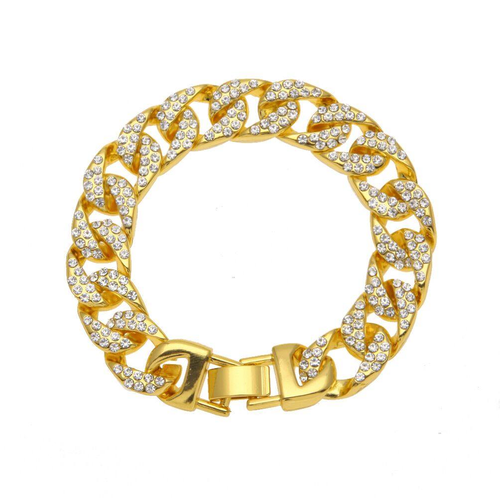 欧美手镯电镀金电镀18k手链嘻哈古巴链条全钻手链