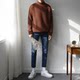 PF/ New style pencil jeans, trimmed nine minute trousers for men, blue slim-fit, narrow-legged, fur-trimmed trousers PF/ New style pencil jeans, trimmed nine minute trousers for men, blue slim-fit, narrow-legged, fur-trimmed trousers
