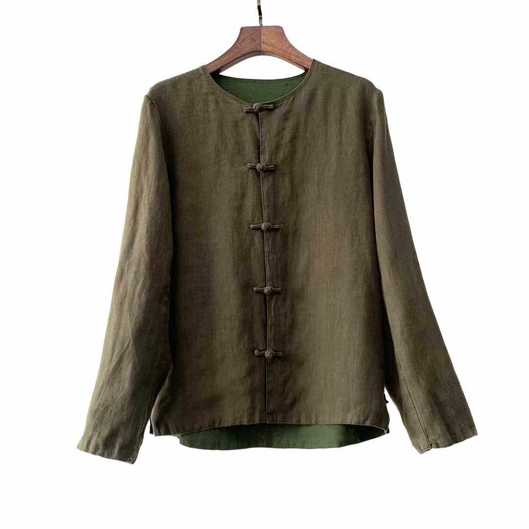 沉香布衣草堂几见亚麻做旧盘扣长袖禅意休闲衬衫