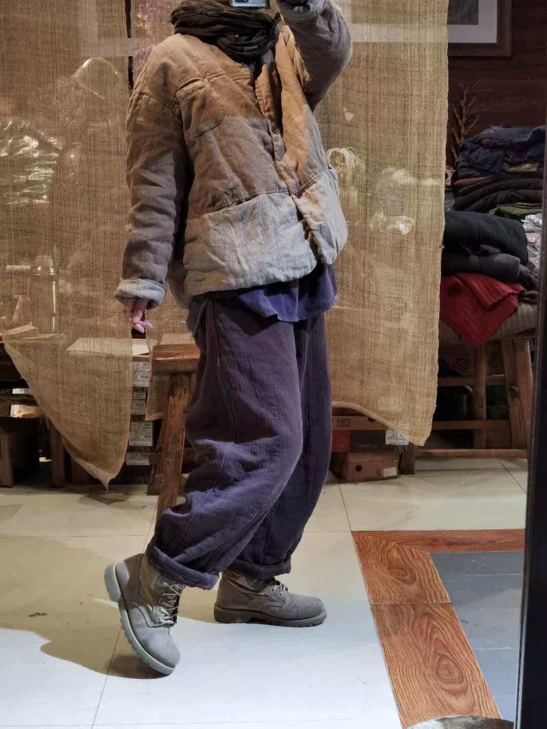 沉香布衣草堂做旧亚麻灰色拼接薄棉棉服休闲短外套