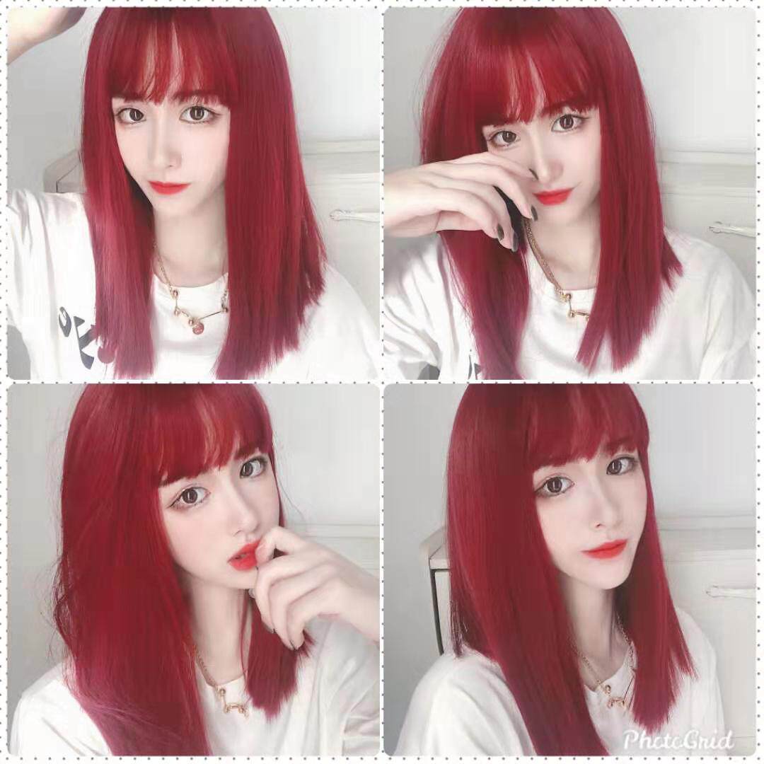 湄拉红色假发女中长发锁骨发中长发网红空气刘海修脸色短直发头套