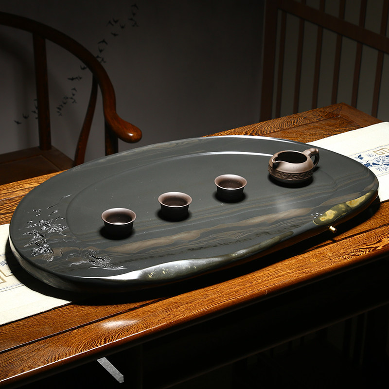 轻奢茶盘天然原石歙砚湿泡精品高端石盘茶台茶海功夫茶具胜乌金石