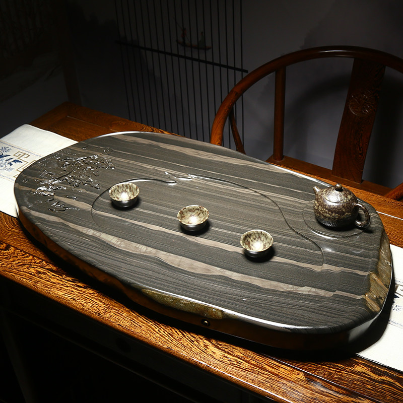 茶盘茶海歙砚功夫茶排水石排水茶具石质功夫原石茶盘