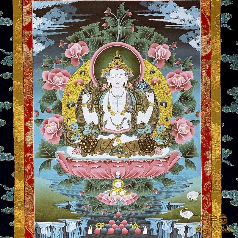 四臂观音西藏唐卡画像挂画佛像手绘原稿印刷现代装饰画