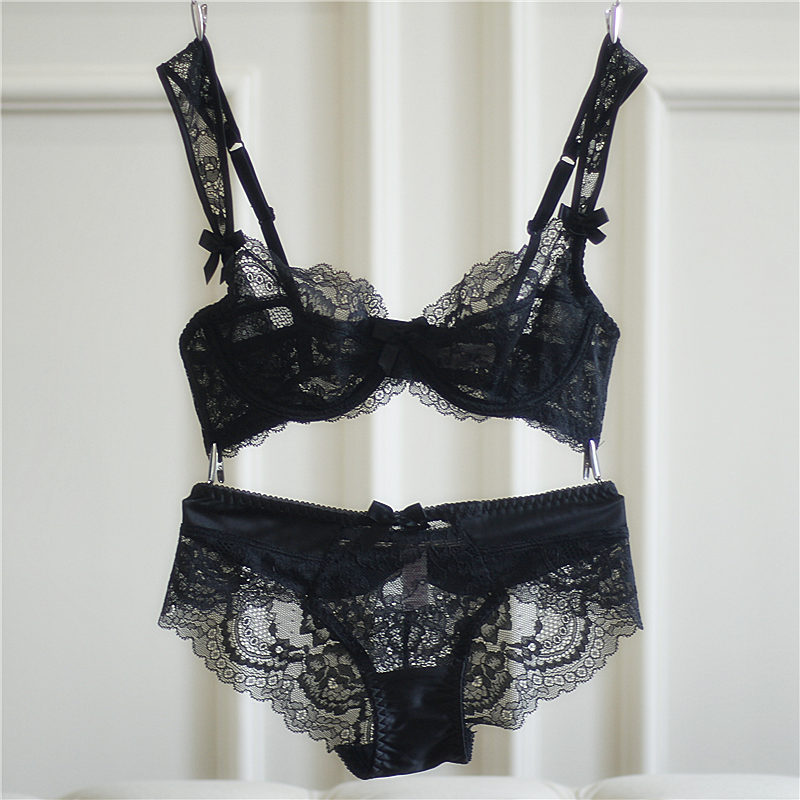 欧美女士文胸超薄透明镂空蕾丝蝴蝶结小胸胸罩文胸套装