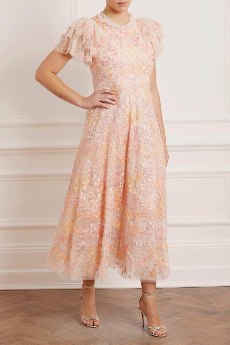 英国代购2021春装新款needlethread短袖长纱连衣裙连衣裙