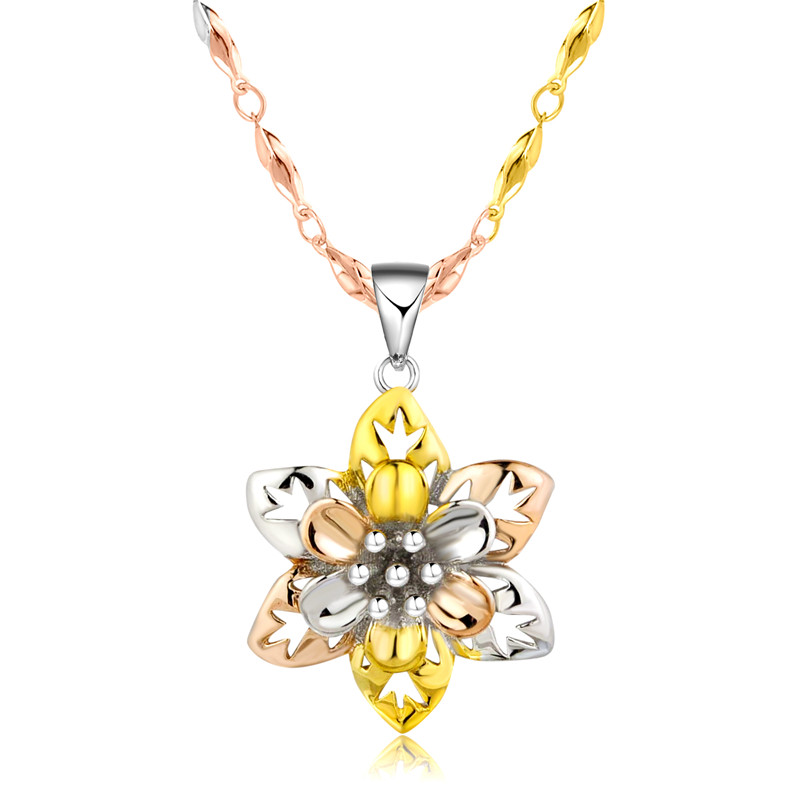 三色彩银项链女 925纯银镀彩金项链 银项链 花坠套链气质女锁骨链