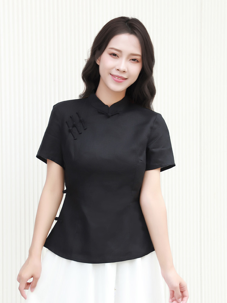 龙妙纯短袖女装中式斜襟大襟国风民国亚麻夏短袖上衣