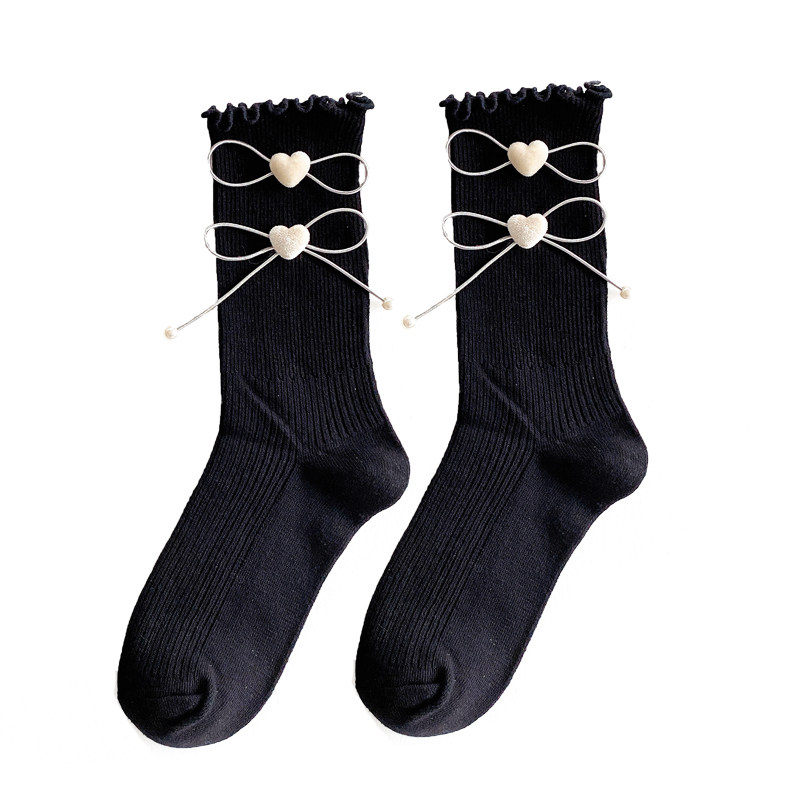 原创手制花边丝绒爱心黑色中筒袜子秋季甜美珍珠白色堆堆长袜子女