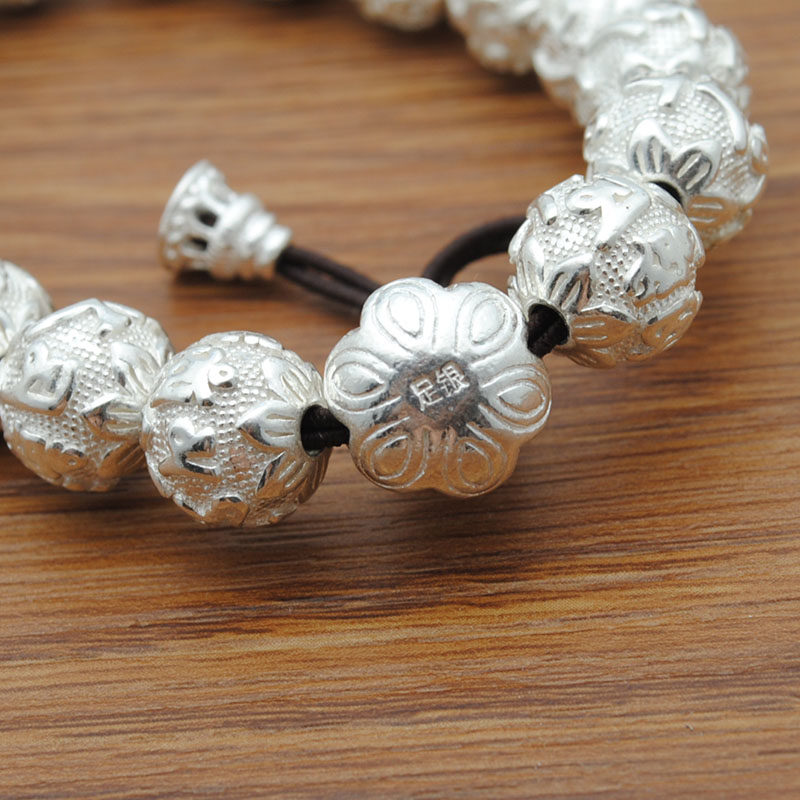 云南丽江雪花银实心实心六字真言手链足银990复古纯银心经手串男