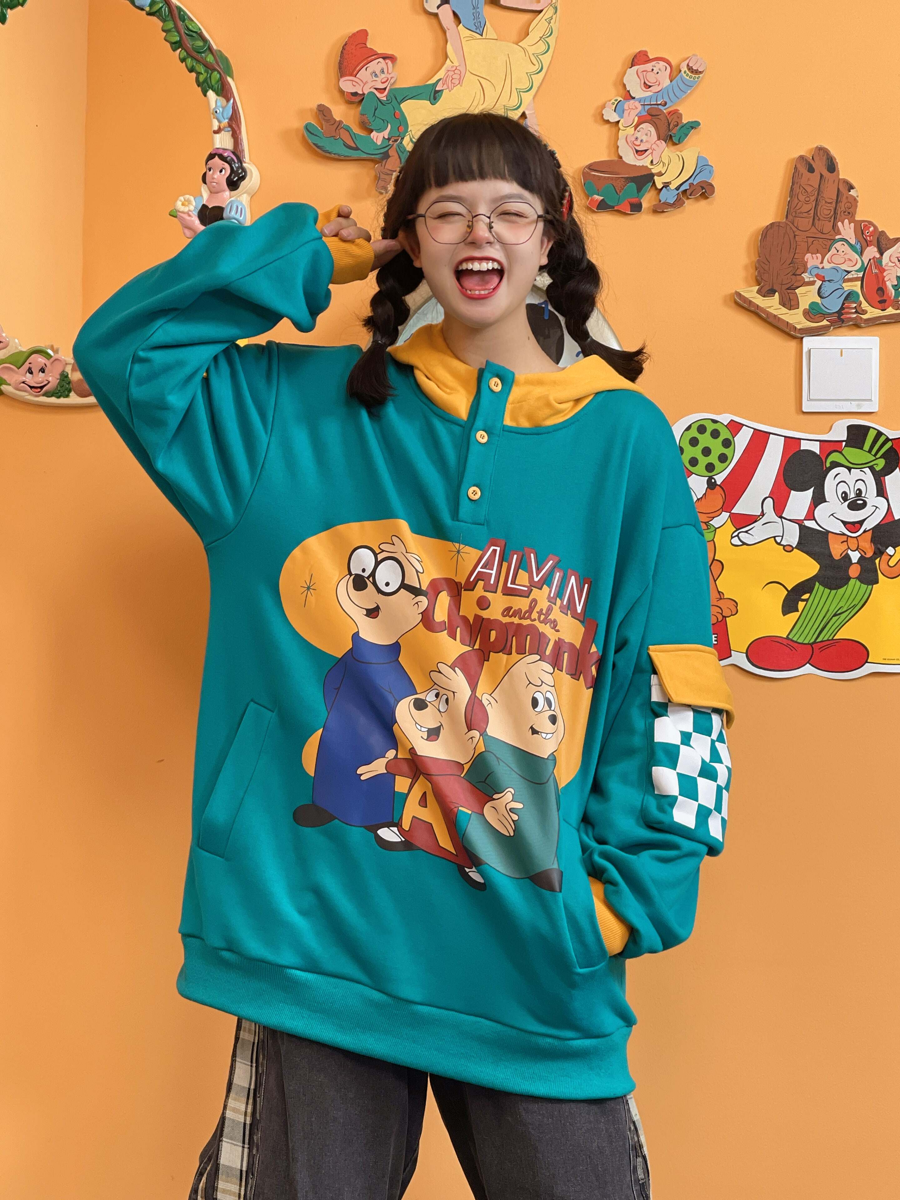 3色原创撞色小众设计童趣古着日系卡通可爱卫衣