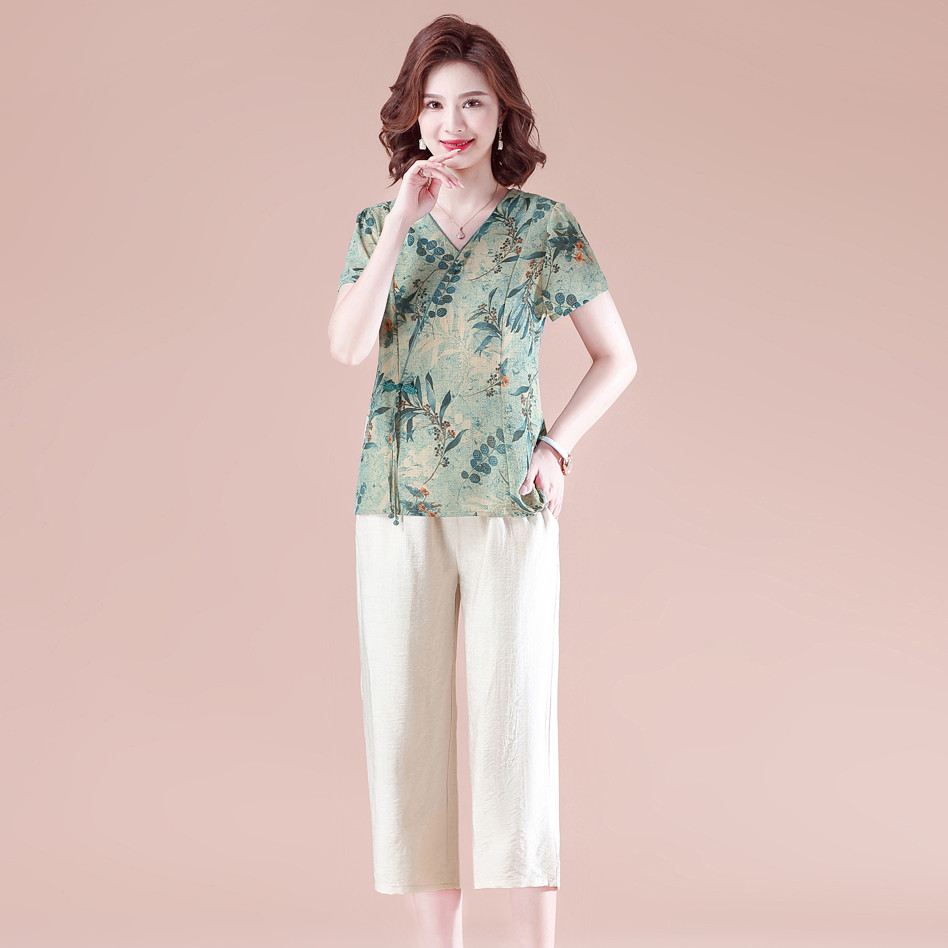 妈妈洋气棉麻衣服中年女装夏装棉绸短袖中老年时尚套装