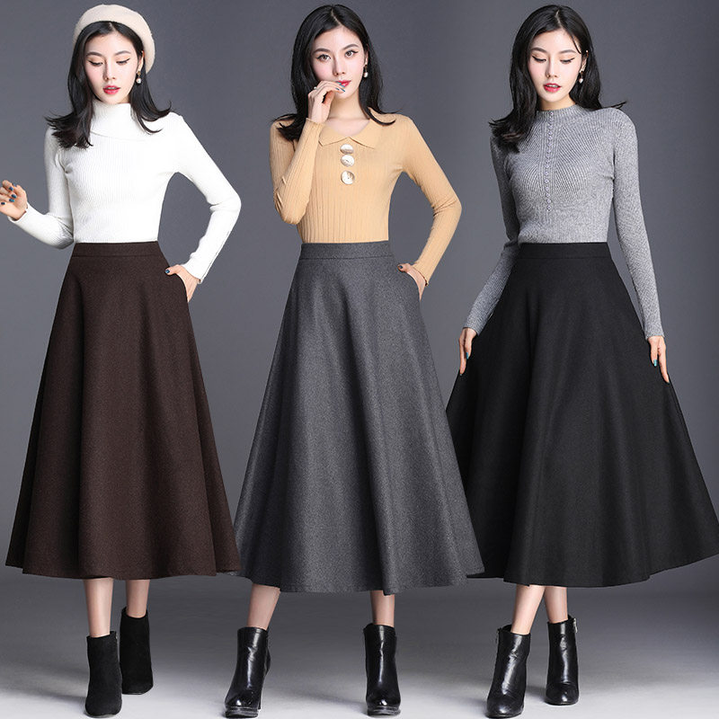 冬天的裙子女加厚呢子半身裙2018新款高腰过膝中长款a字大摆长裙