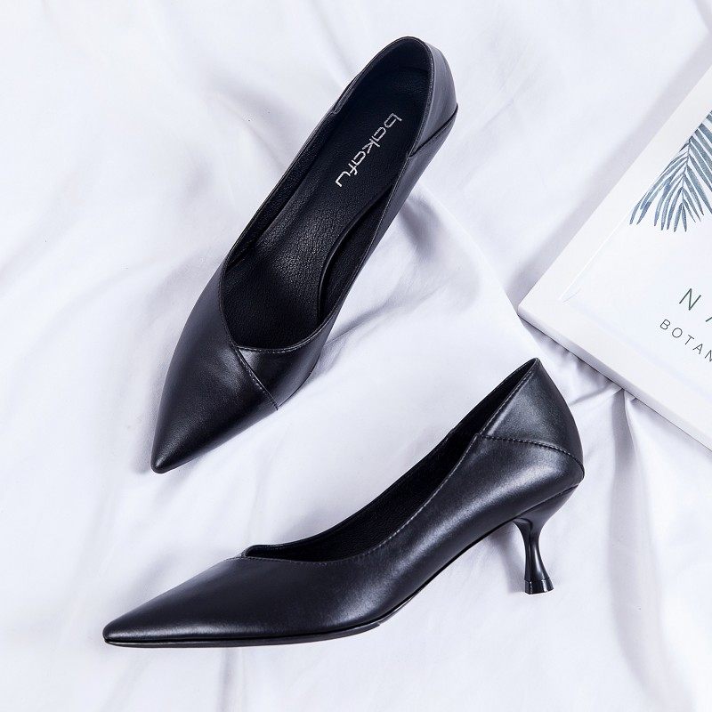 黑色猫跟高跟鞋女春季2018新款尖头职业细跟5cm百搭中跟单鞋皮鞋