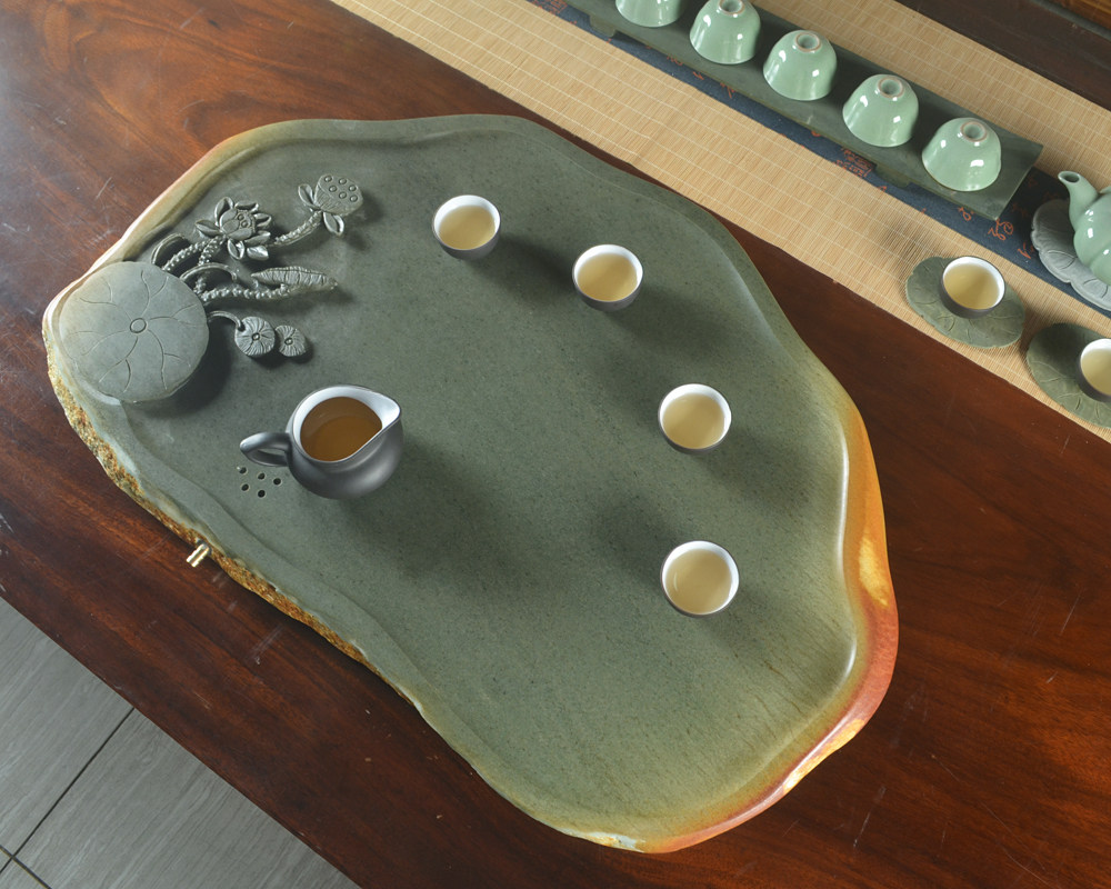 绿端石茶盘功夫功夫茶茶具独特自然石色排水家用茶盘