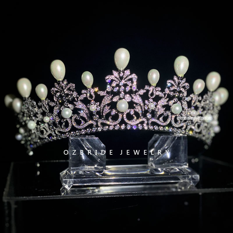 欧美新款气质巴洛克皇冠新娘结婚头饰珍珠锆石发饰