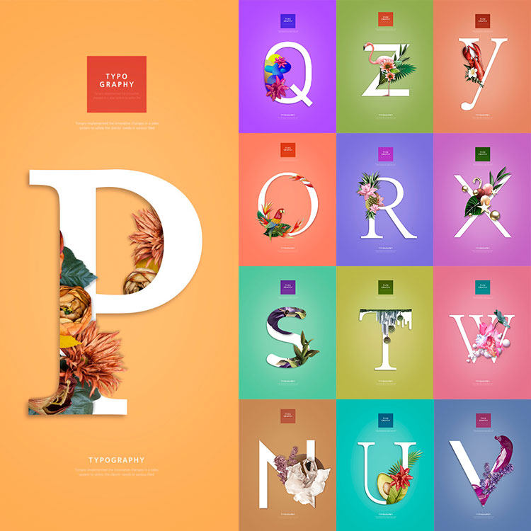 创意26个英文字母花果植物鲜花高楼合成海报设计素材