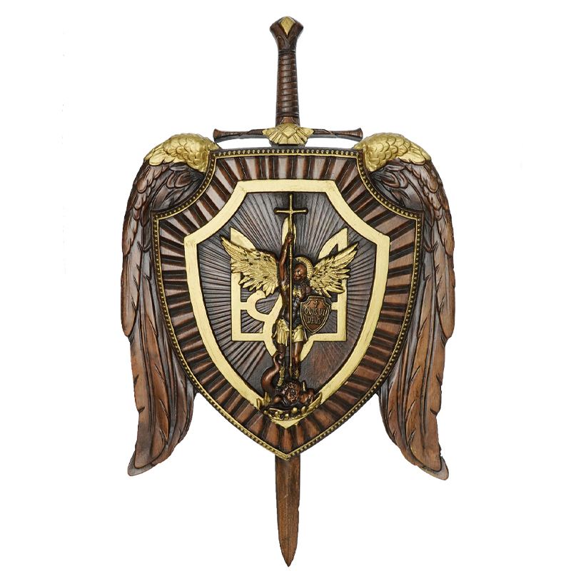 木雕剑盾弥额尔米迦勒总领天使浮雕挂件工艺工艺品摆件