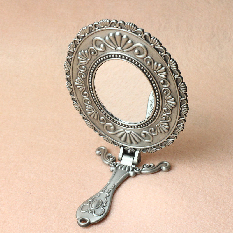 欧式复古化妆镜网红拍照便携随身折叠手柄双面纹绣美容院手持镜子