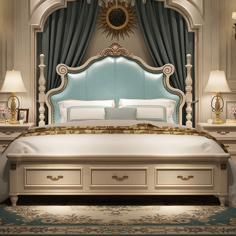 美式床实木床欧式床双人床1.8米轻奢床 现代简约主卧高箱储物婚床