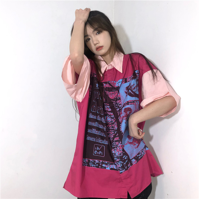 LIFE CAVEMPT人脸油墨短袖夏威夷衬衫拼接半袖情侣宽松薄款开衫潮