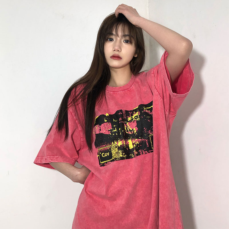 LIFE CAVEMPT蜡染西瓜红炒色T恤男女 复古赛博朋克水洗日潮CE短袖