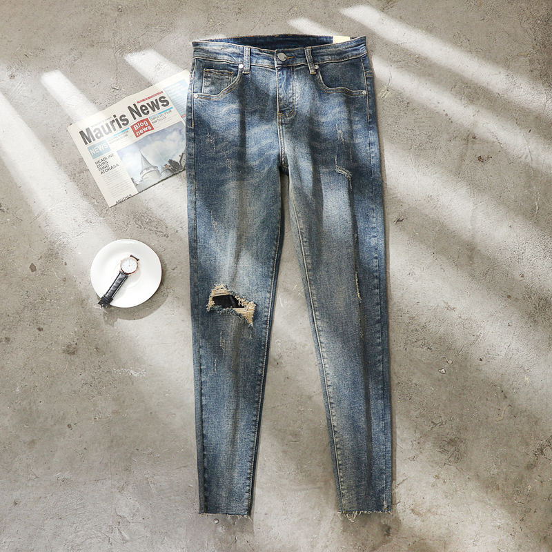 做旧潮流休闲假破洞毛边牛仔裤男2022春季新款韩版修身小脚九分裤