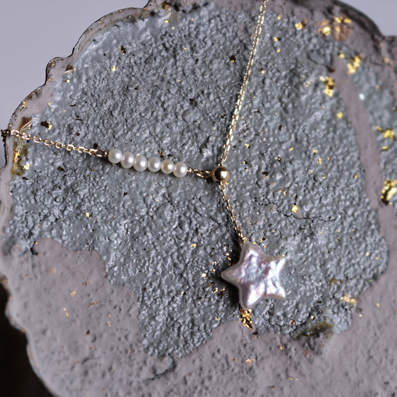 晨星相望日系纯银镀金天然巴洛克珍珠星星垂坠项链