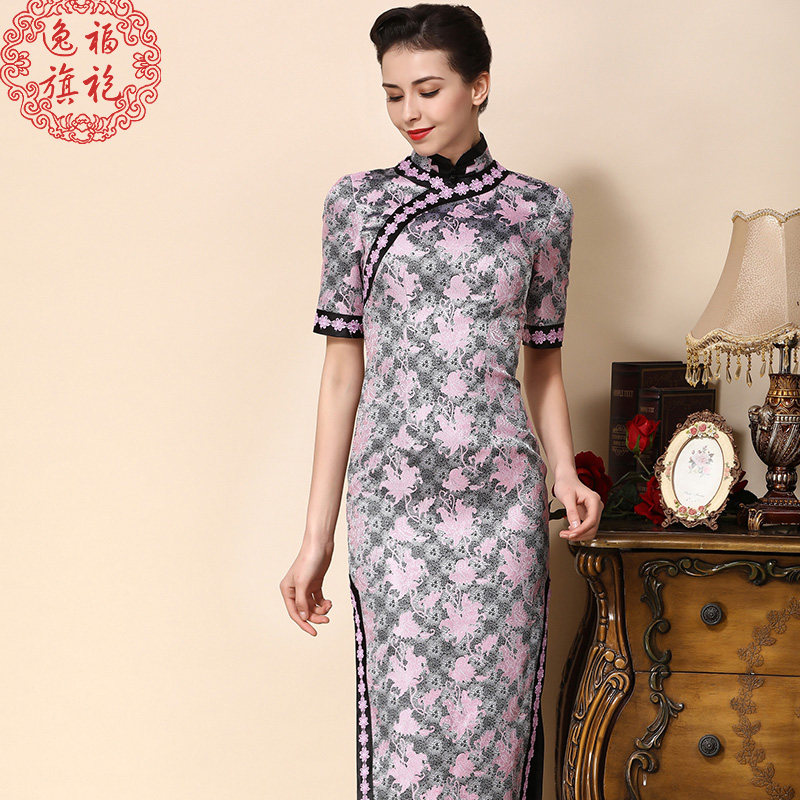 逸福夏装中式华服端庄大气复古旗袍锦缎长款旗袍